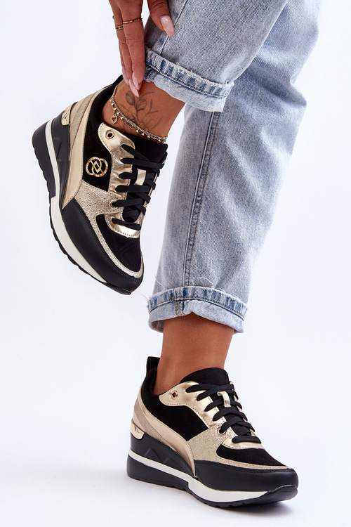 Damskie Sznurowane Buty Sportowe Na Koturnie Czarno-Złote Genova