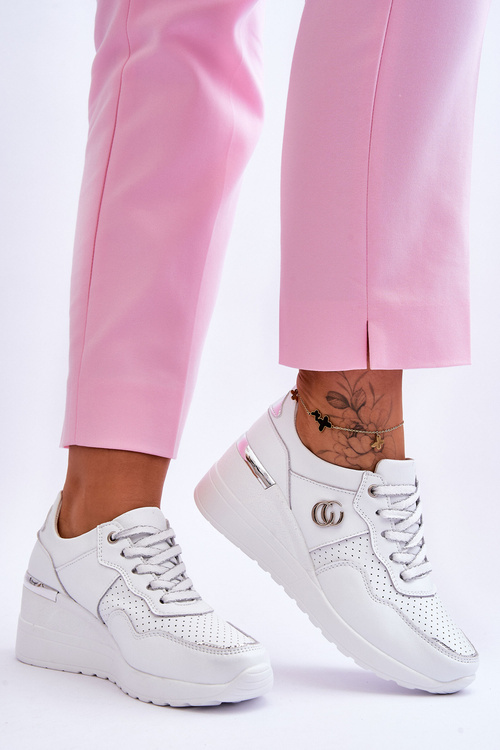 Damskie Skórzane Buty Sportowe Na Koturnie Biało-Srebrne Rebeca