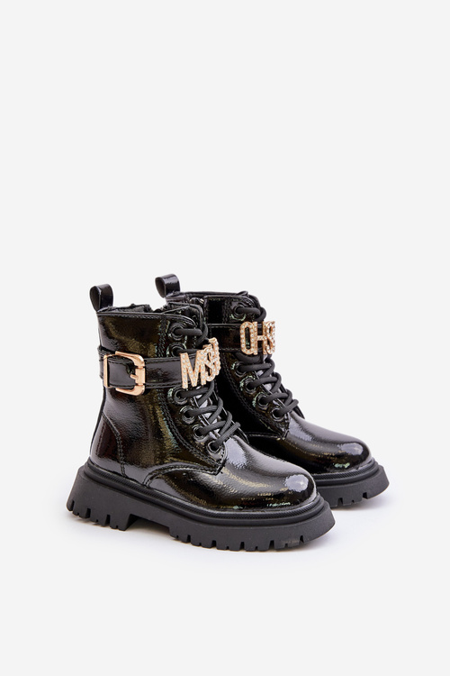 Botki Dziewczęce Lakierowane Ocieplane Z Ozdobnym Paskiem Czarne Gilian