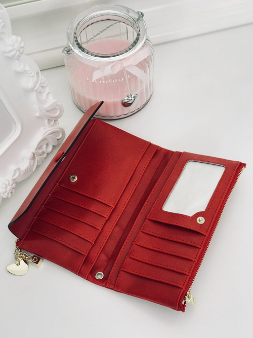 Duży Damski Czerwony Portfel z Brelokiem Serduszko