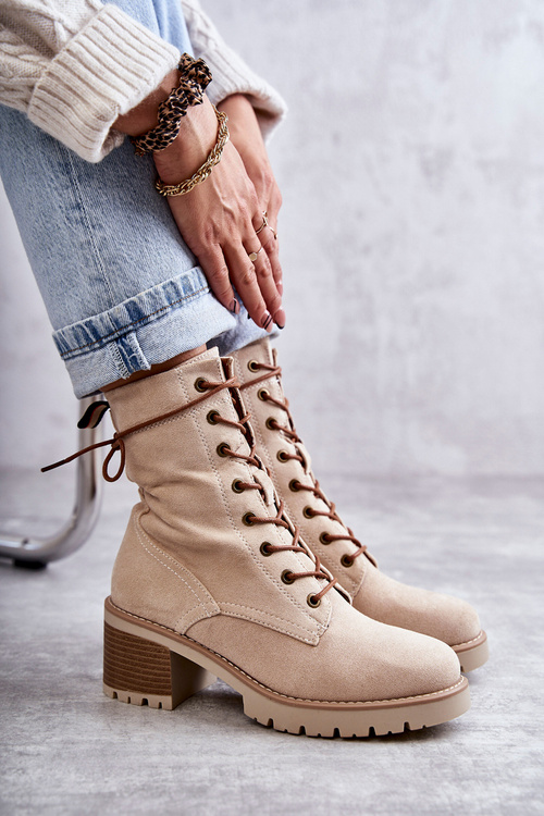 Damskie Ocieplane Botki Trapery Na Obcasie Beżowe Julieta