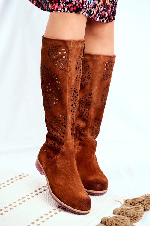 Damskie Kozaki Maciejka Skórzane Ażurowe Camel 04525-29