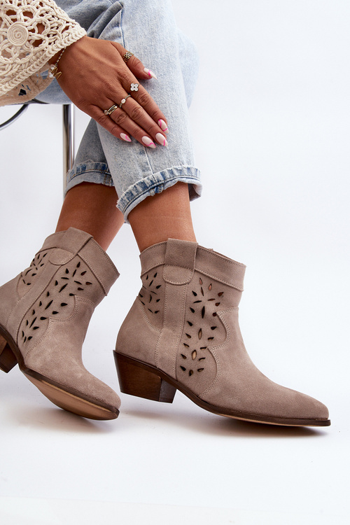 Zazoo 2870 Zamszowe Botki Na Niskim Obcasie Ażurowe Beżowe