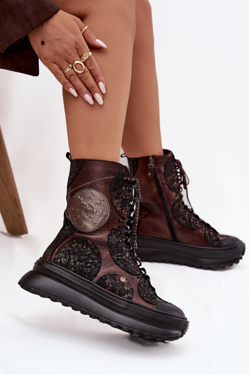 Skórzane Botki Na Platformie Ocieplane Maciejka 06565-02 Brązowo-Złote