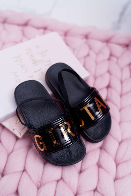 Dziecięce Klapki Dziewczęce Złoty Napis Girl Star Czarne Bambi