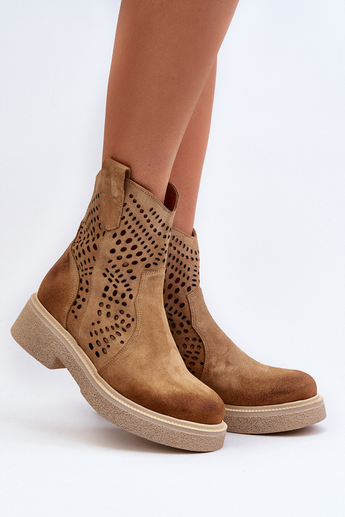 Zazoo 3470 Zamszowe Botki Damskie Na Płaskim Obcasie Ażurowe Beżowe