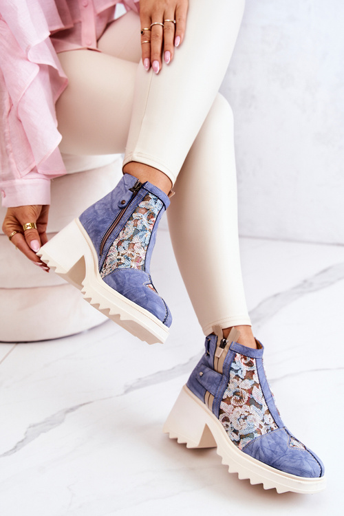 Skórzane Botki Na Masywnym Słupku Maciejka Niebieskie 05325-06