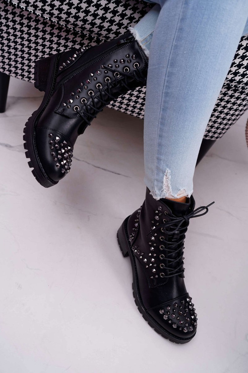 Damskie Botki Workery Z Dżetami Czarne Gether