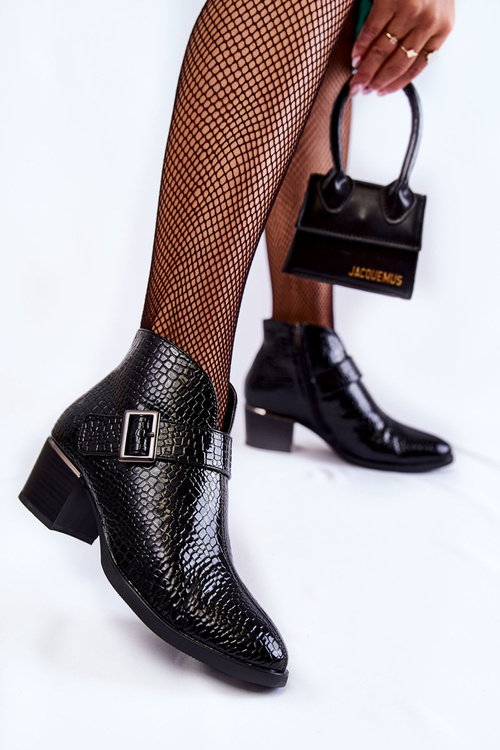 Damskie Lakierowane Ocieplane Botki Czarne Hege