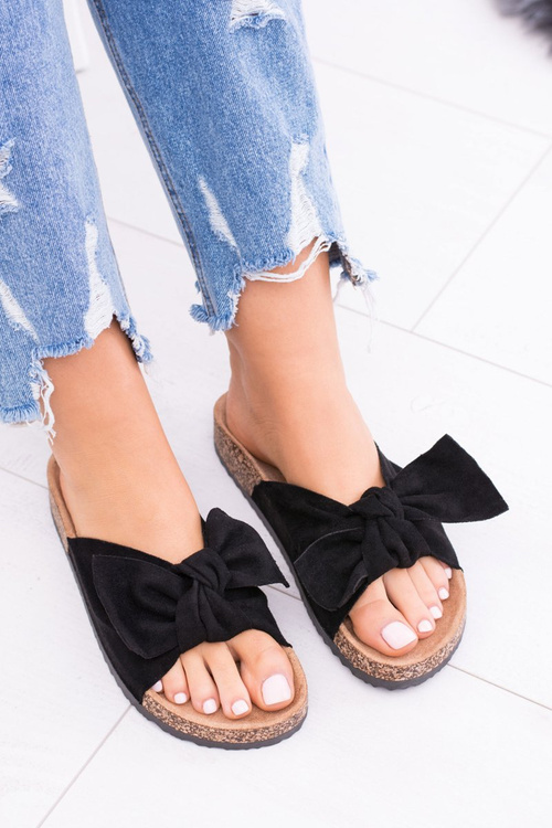 Damskie Czarne Klapki Na Korku Kokarda Dominica