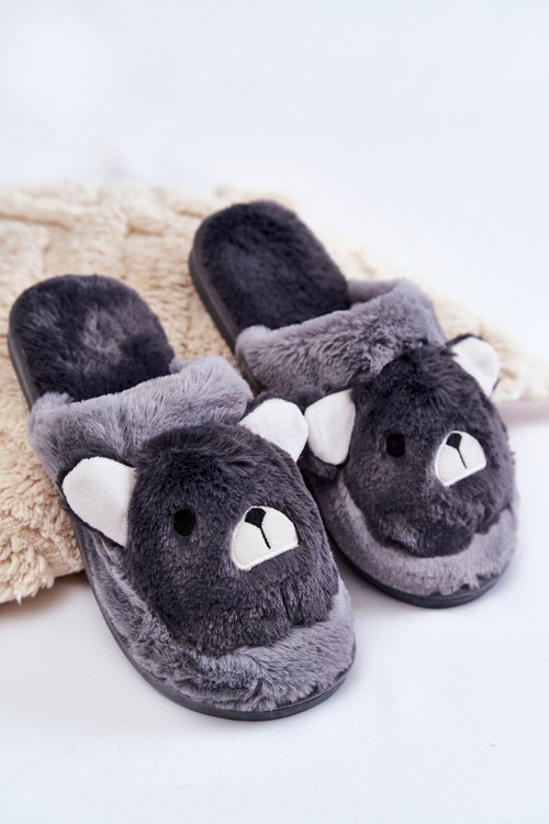 Damskie Futrzane Papcie Z Misiem Szare Solly