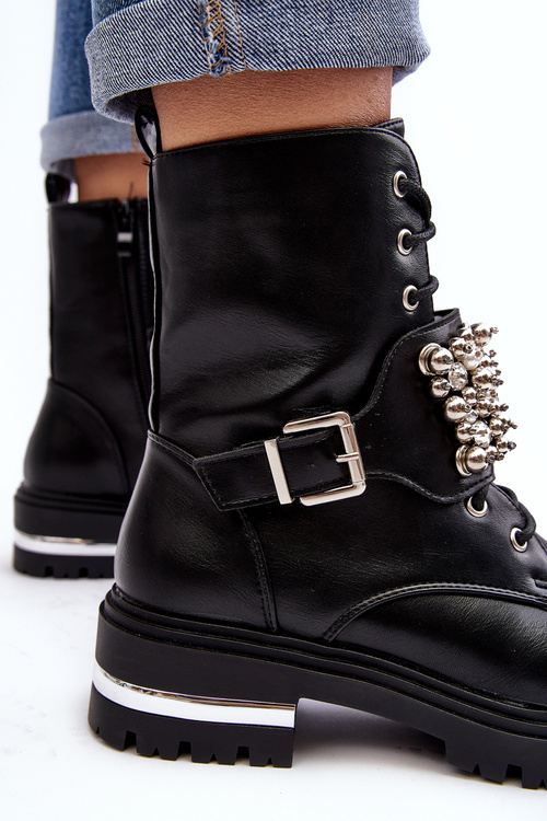 Damskie Ocieplane Botki Workery Zdobione Czarne Lennen