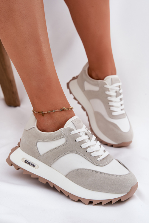 Zamszowe Sneakersy Na Platformie Damskie Big Star RR274896 HI-POLY SYSTEM Biało-Szare