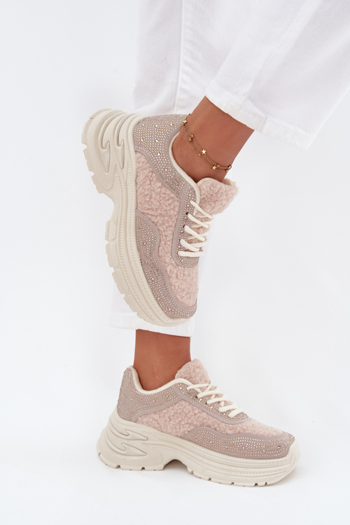 Sneakersy Damskie Z Cyrkoniami I Futerkiem Typu Baranek Jasnobeżowe Zarika