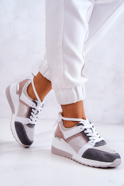 Skórzane Buty Sportowe Sneakersy Na Koturnie Srebrno-Szare Elissa