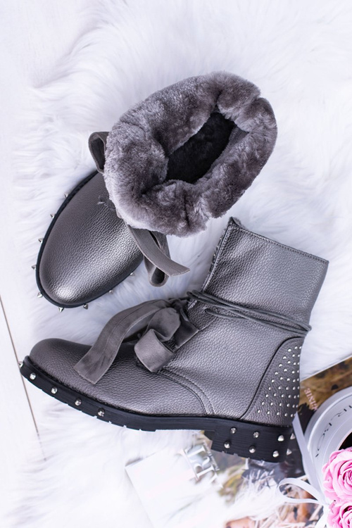 Damskie Botki Ocieplane Z Kolcami i Dżetami Srebrne Neso