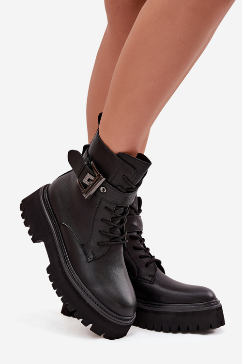 Skórzane Botki Workery Damskie Ocieplane Z Ozdobną Klamrą D&A MK52-032 Czarne