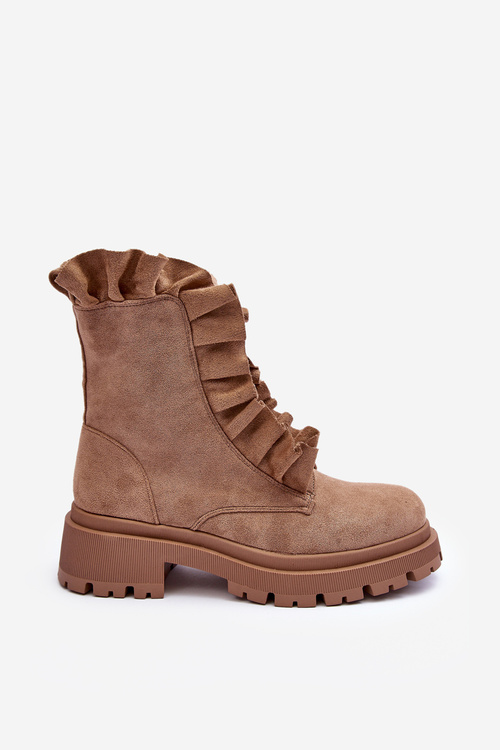 Zamszowe Ocieplane Botki Workery Na Płaskim Obcasie Beżowe Nacelle