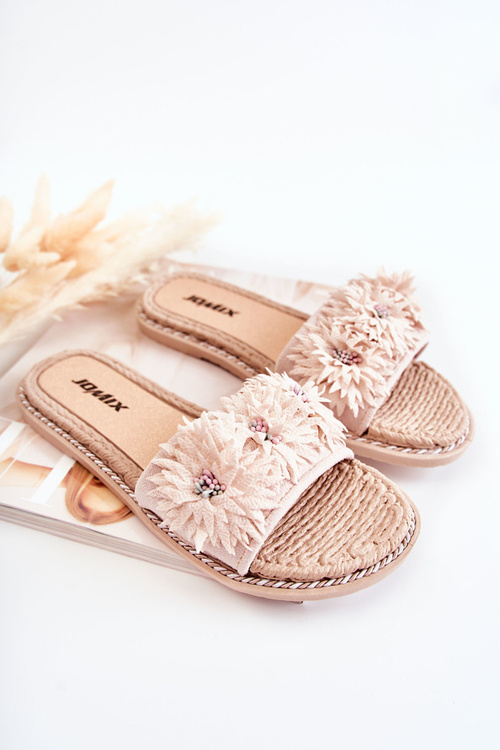 Damskie Klapki Z Materiałowymi Kwiatami Beżowe Susana