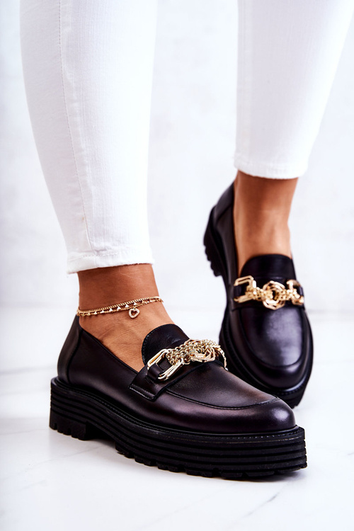 Damskie Półbuty Złota Ozdoba Skórzane Laura Messi 2383 Czarne