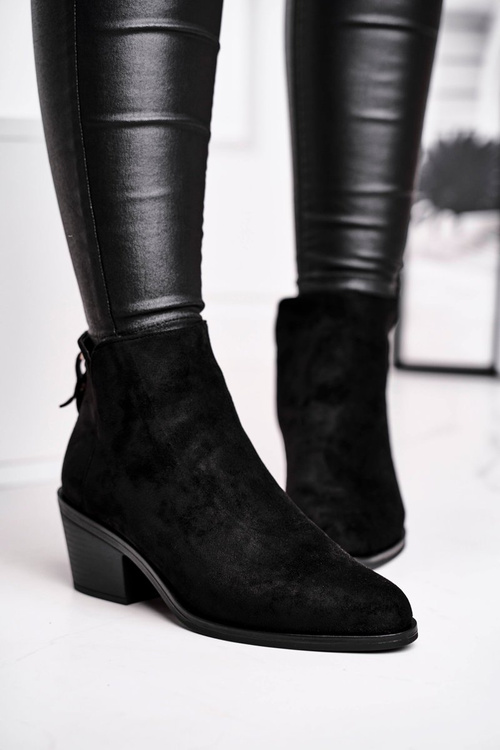 Botki Damskie Płaski Obcas Ocieplane Jesienne Czarne Milky