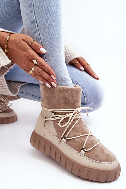Skórzane Śniegowce Botki Na Platformie Beżowe Maxava