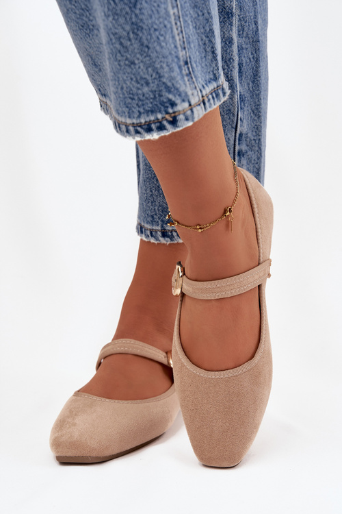 Baleriny Z Paskiem I Złotą Klamrą Eko Zamszowe Beżowe Adelora