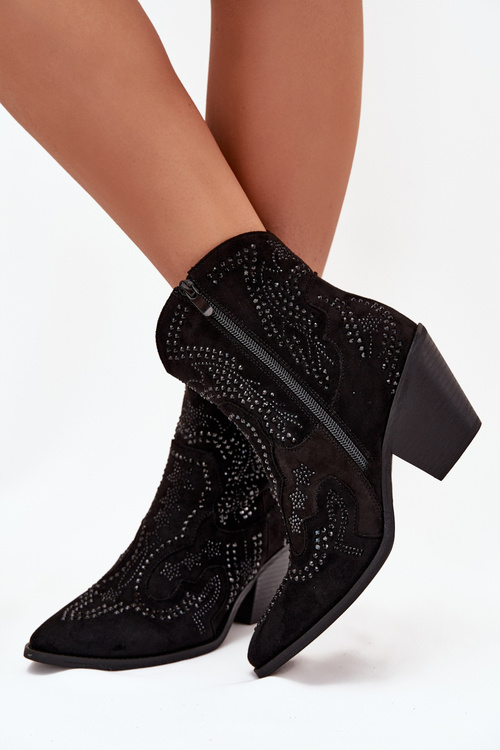 Ocieplane Damskie Botki Kowbojki Ze Zdobieniem Czarne Lelira