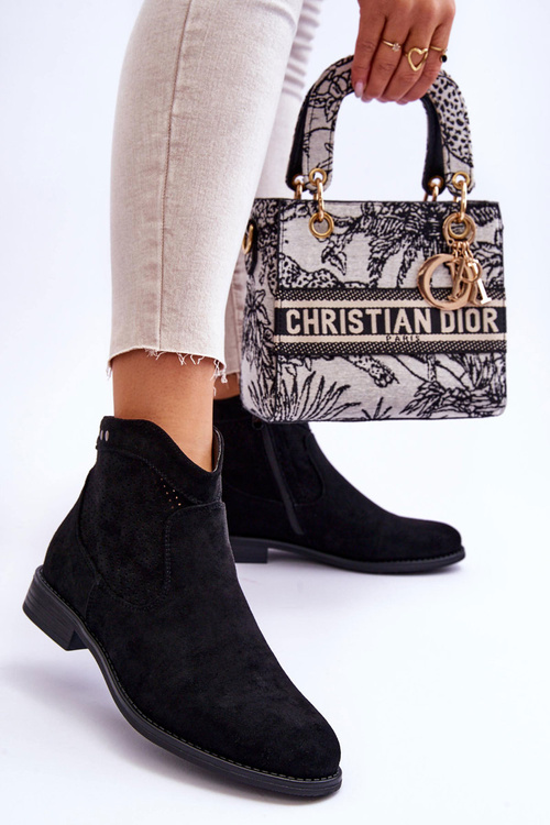 Damskie Zamszowe Botki Na Płaskim Obcasie Czarne Liana