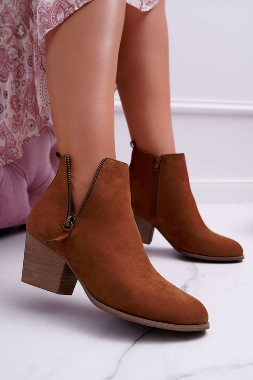 Botki Damskie Na Obcasie Suwak Zamszowe Camel Farre