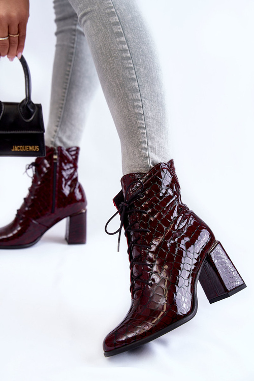 Damskie Lakierowane Botki Na Obcasie Krokodyli Wzór Bordowe Alva