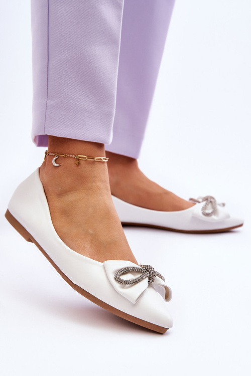 Eleganckie Baleriny Z Kokardą I Dżetami Białe One Time