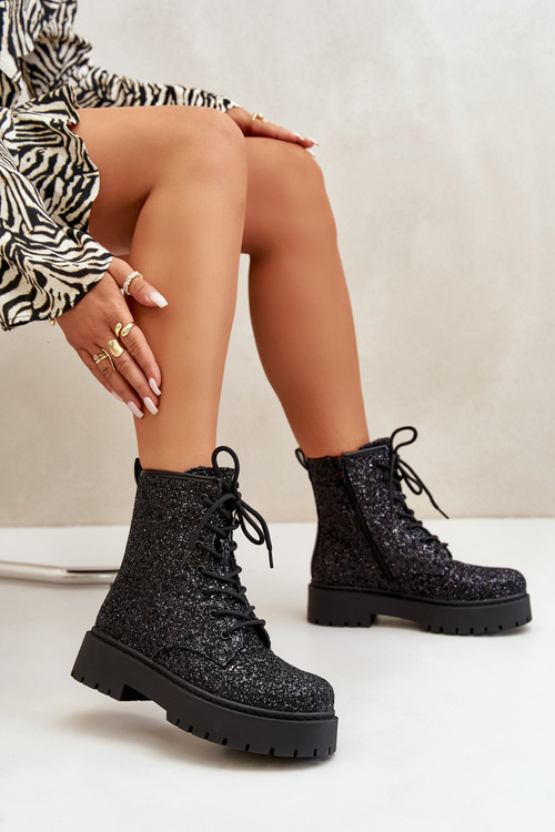 Ocieplane Botki Workery Damskie Ozdobione Cekinami Czarne Liatheine