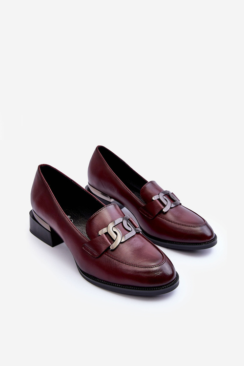 Skórzane Półbuty Mokasyny Na Obcasie Bordowe Sakina