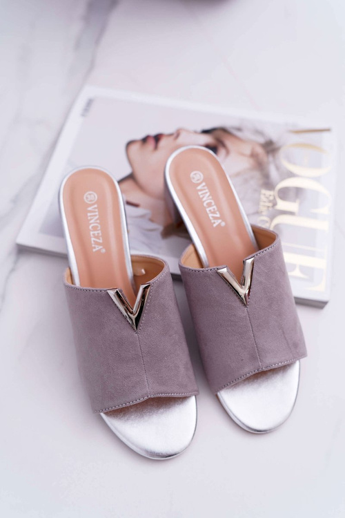 Klapki Damskie Klasyczne Eleganckie Na Klocku Szare Demea