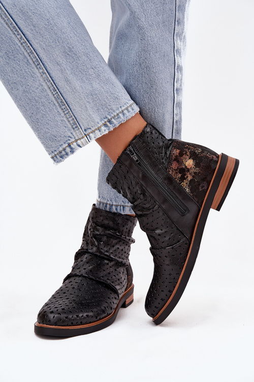 Skórzane Botki Z Ażurowym Wzorem Maciejka 05922-01 Czarne