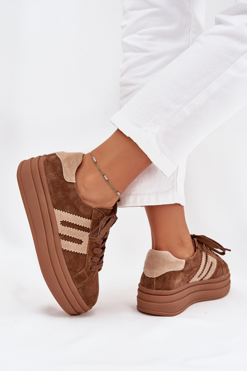 Sneakersy Damskie Na Platformie Z Naturalnego Zamszu Camel Eldira