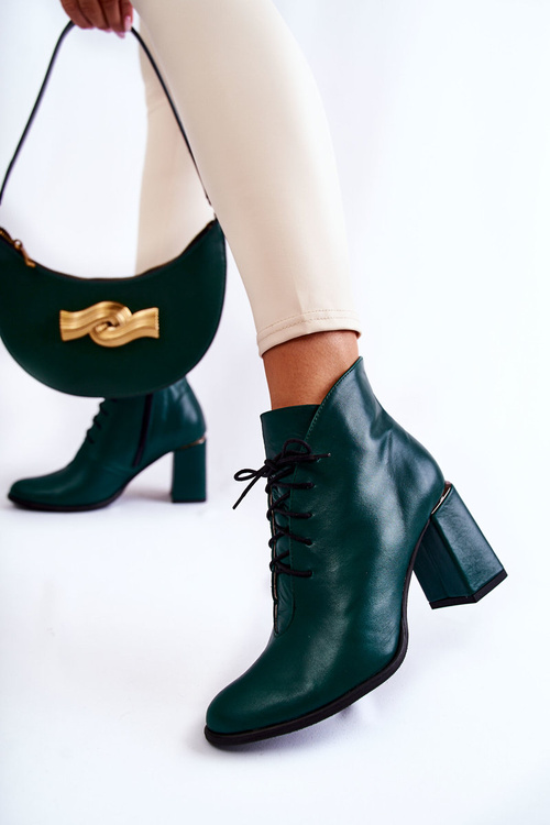 Damskie Skórzane Botki Na Słupku Zielone Carrice