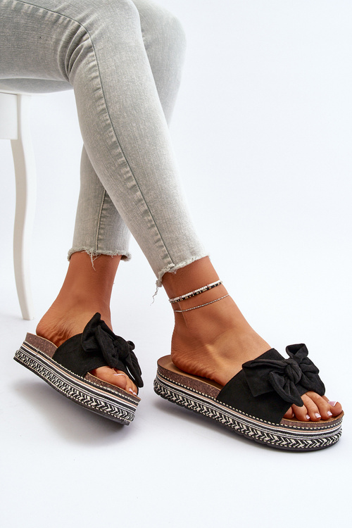 Klapki Damskie Na Platformie Z Kokardą Czarne Evatria