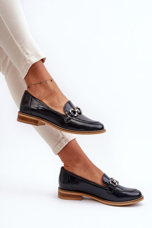 Skórzane Damskie Lakierowane Mokasyny Laura Messi 2760 Granatowe