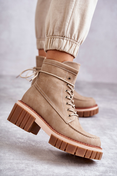 Damskie Modne Botki Ocieplane Beżowe Gerda