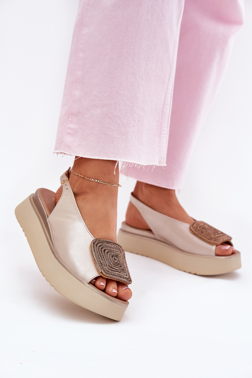 Zazoo 1786 Skórzane Sandały Damskie Na Platformie Z Ozdobą Perłowy Beż