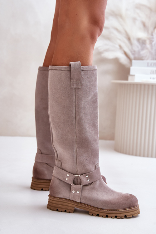 Zamszowe Kozaki Damskie Przed Kolano Lewski 3615 Cappucino