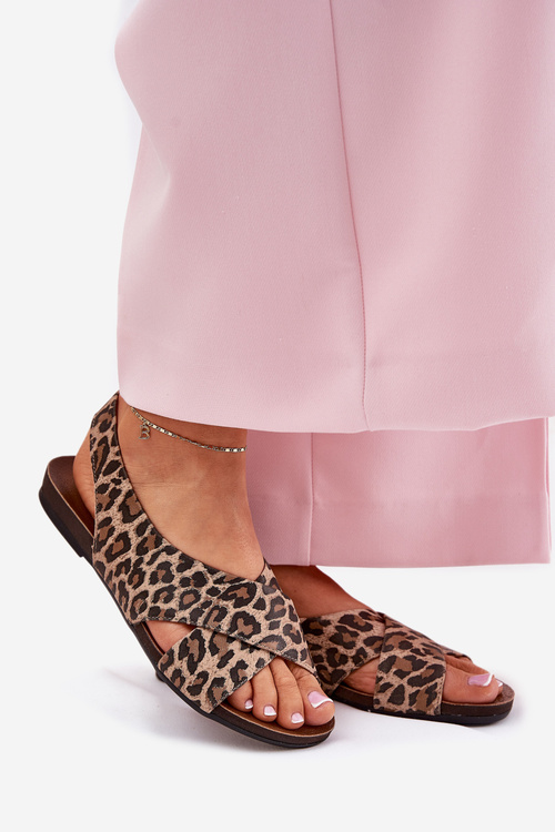 Sandały Skórzane Damskie Panterka Brązowe Zazoo 40407