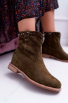 Botki Damskie Na Koturnie Płaski Obcas Ocieplane Za Kostkę Oliwkowe Deminis