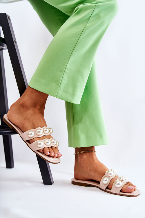 Damskie Skórzane Klapki Z Ozdobnymi Perełkami Beżowe Lasello