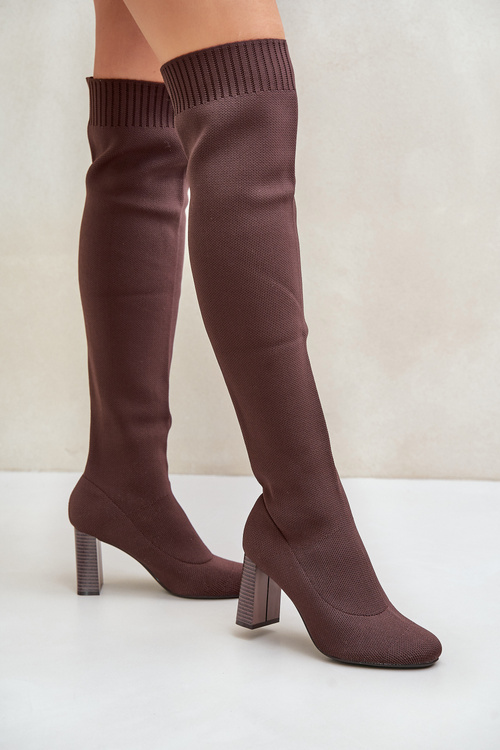 Kozaki Ze Skarpetkową Cholewką Za Kolano Na Słupku Brązowe Esanira