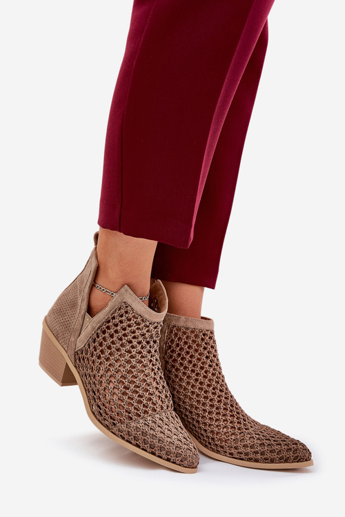 Ażurowe Botki Damskie Na Obcasie Z Wycięciami I Plecionką Khaki Tulifedi