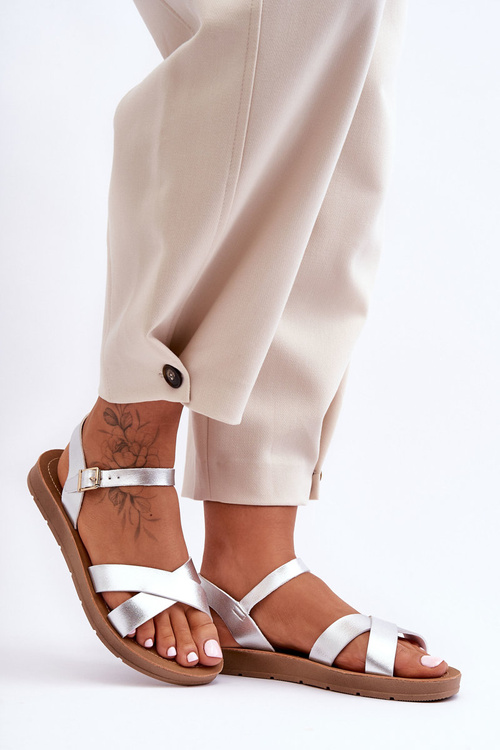 Klasyczne Skórzane Sandały Damskie Srebrne Talisma