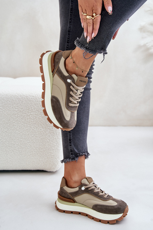 Sneakersy Damskie Na Platformie Ze Skóry Naturalnej Vinceza 41465 Beżowe